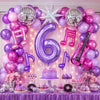 Purple music theme birthday party decorations featuring balloons, a large number six, and a pink guitar.
