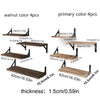 Set of walnut and primary color floating wood wall shelves with 4 pieces each, 1.5cm thick.