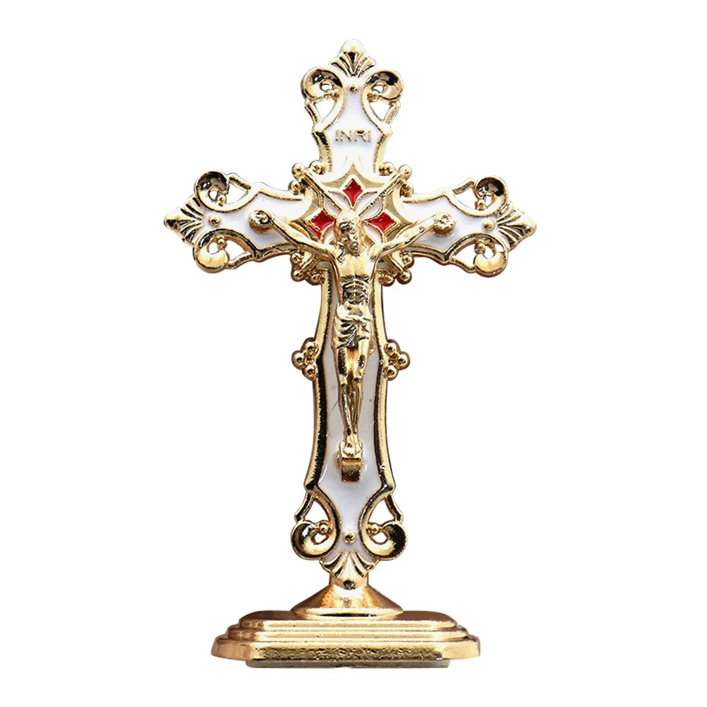 Golden Crucifix Figurine with Enamel Accents