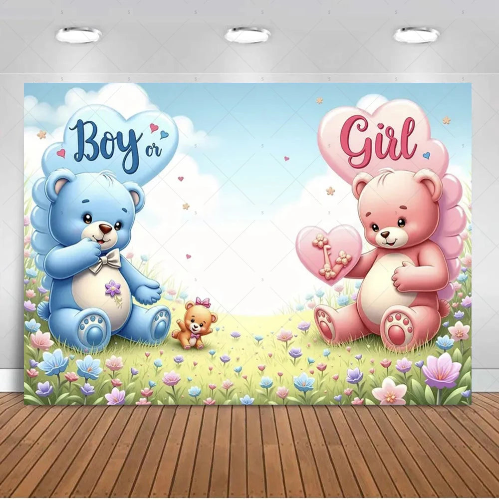 A watercolor illustration of two teddy bears, one blue and one pink, set against a bright sky with clouds and flowers.
