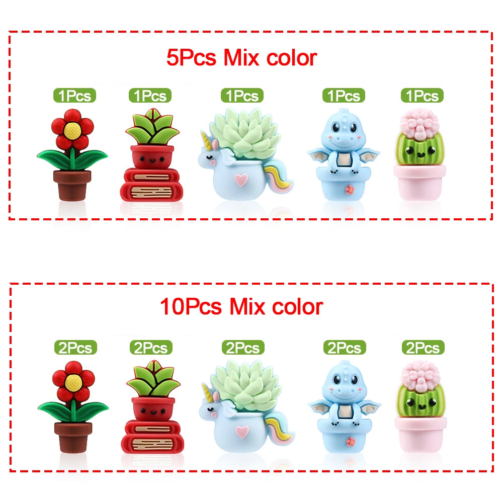A set of 5 or 10 silicone plant beads in various colors and shapes for jewelry making and DIY crafts
