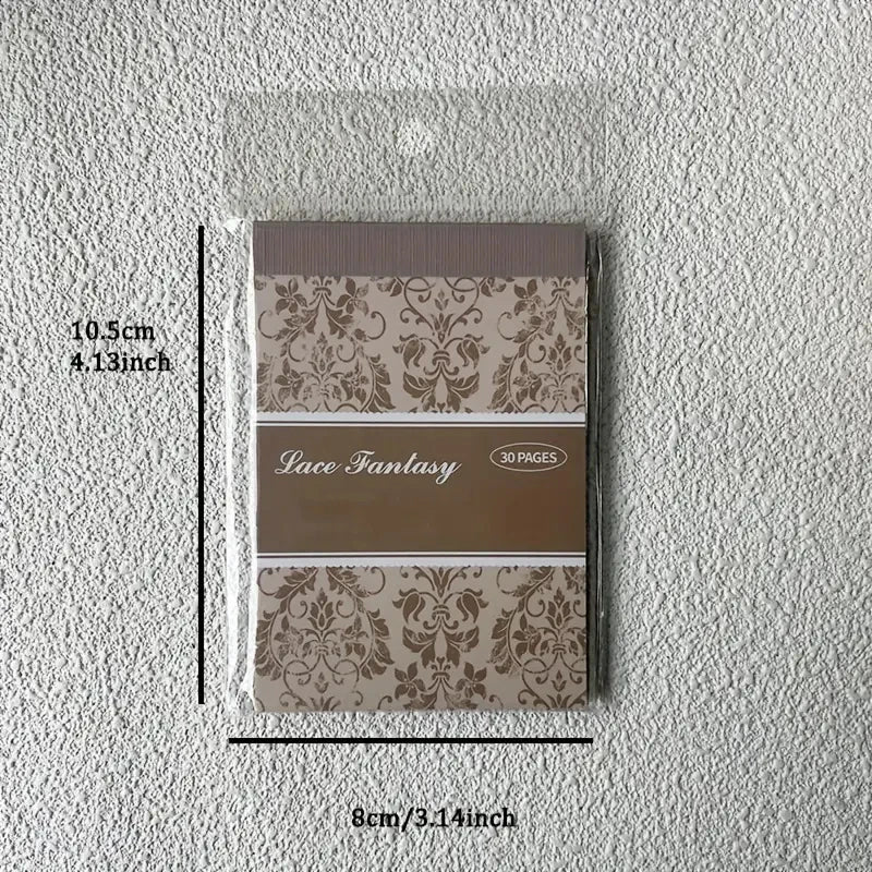 A brown sticker book titled Lace Fantasy with 30 pages shown against a textured background.