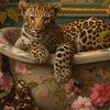 A painting of a leopard resting in a stone tub surrounded by floral decorations.