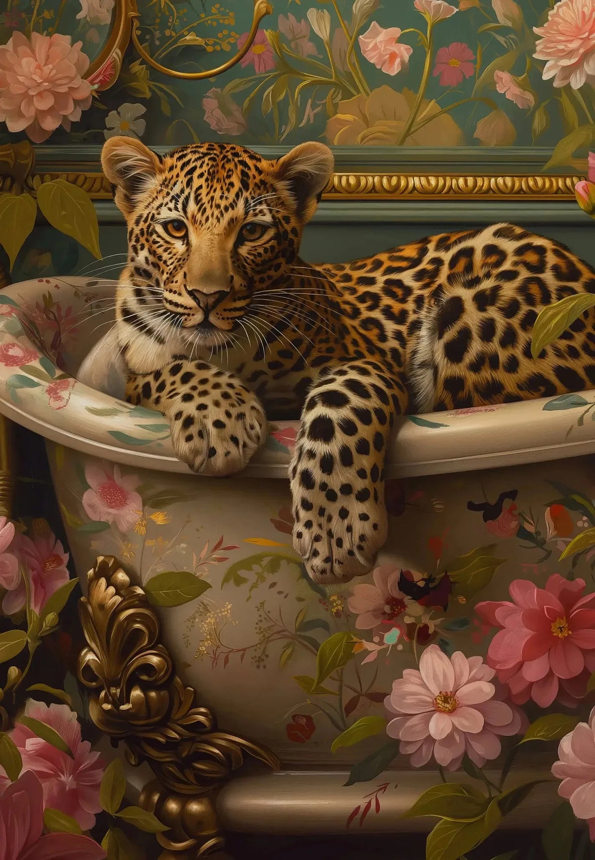 A painting of a leopard resting in a stone tub surrounded by floral decorations.