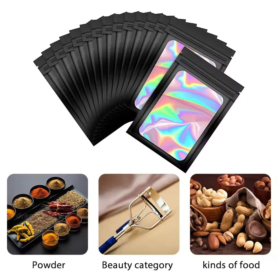 A stack of black holographic ziplock bags for jewelry and small item storage with a metal tool.