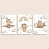 A three-piece canvas art set featuring cute teddy bears in vintage airplanes against a cloudy sky.
