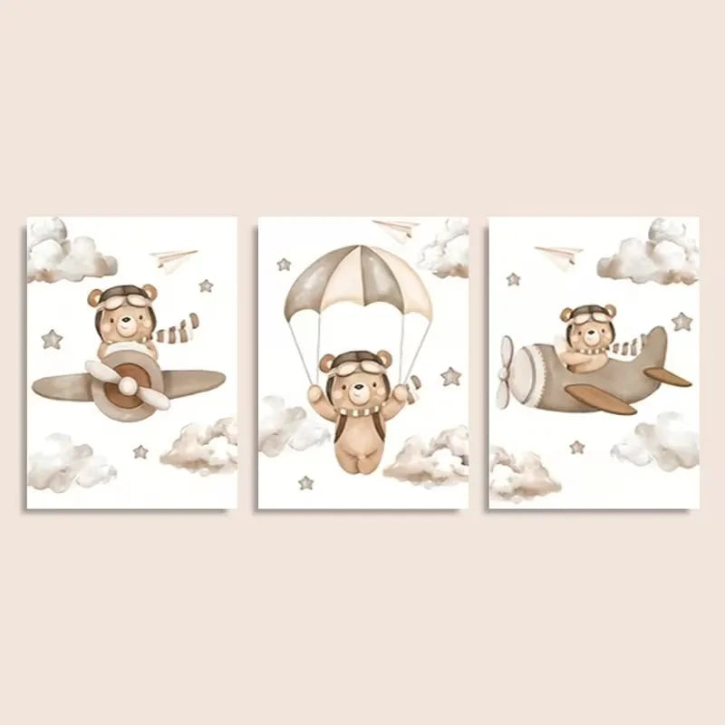 A three-piece canvas art set featuring cute teddy bears in vintage airplanes against a cloudy sky.