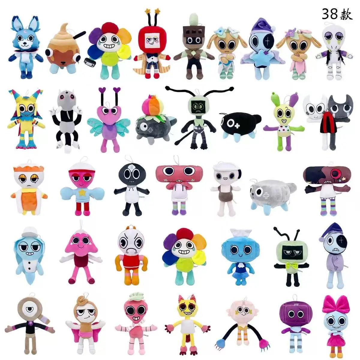 A collection of 38 plush toys and stuffed animals featuring various characters and designs.