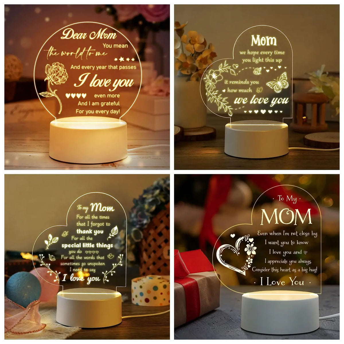 A collection of warm glow night lights featuring floral and heart designs, presented as a heartfelt gift for Mom.