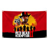 A banner featuring a stylized depiction of a cowboy with a mustache and hat, surrounded by silhouettes of figures, set agains