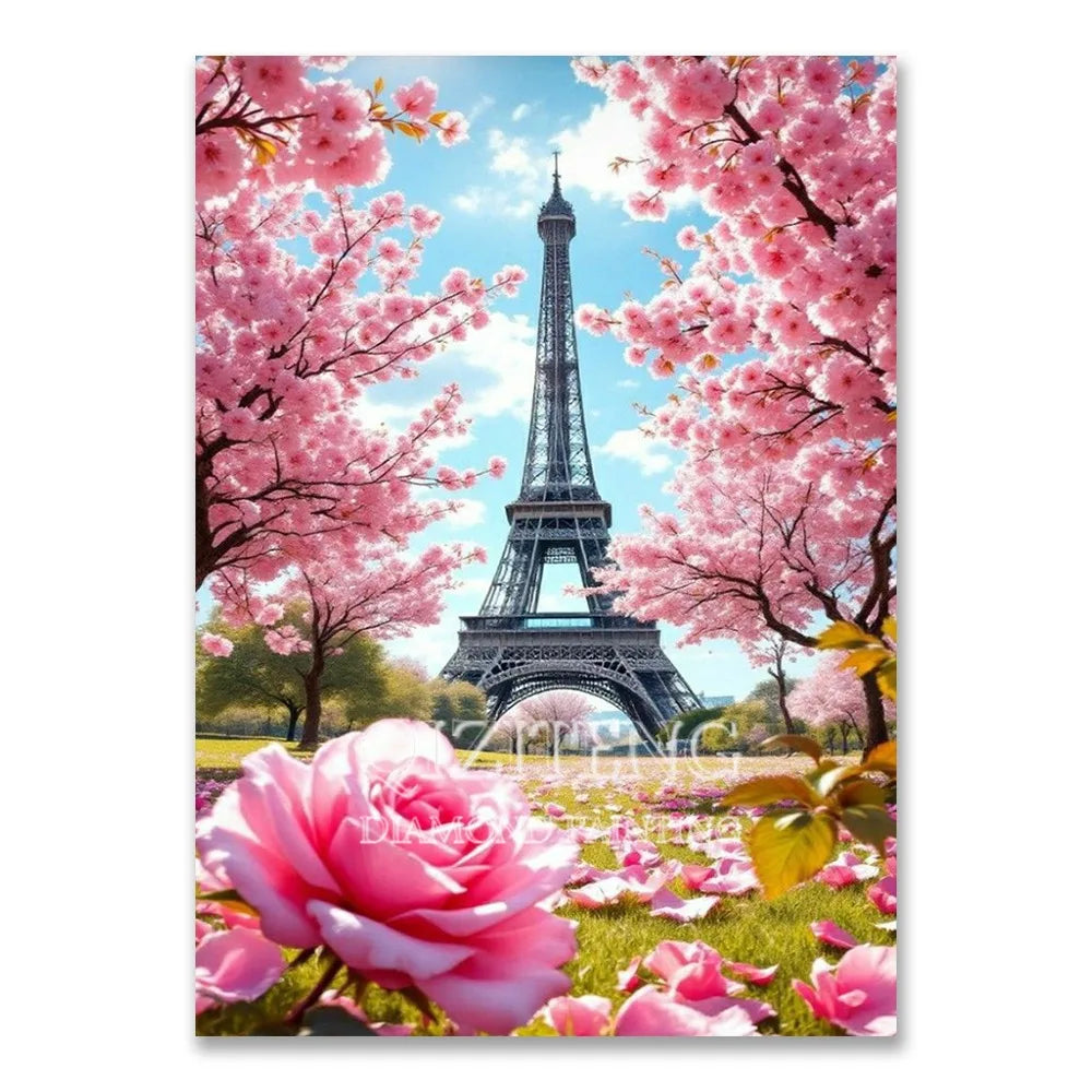 A vibrant diamond painting featuring the Eiffel Tower surrounded by pink cherry blossoms and roses.