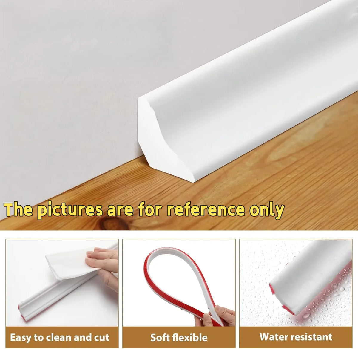 Perfil de pared autoadhesivo impermeable blanco, mostrado en diversas aplicaciones y características.