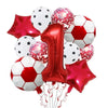 A collection of red and white football shaped foil balloons for birthday party decorations