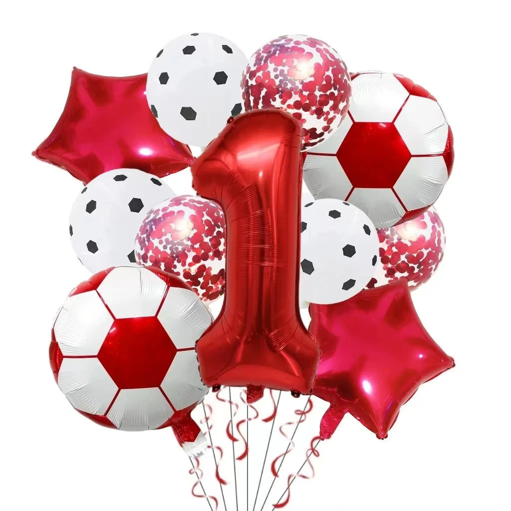 A collection of red and white football shaped foil balloons for birthday party decorations