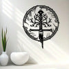 Vintage metal wall art depicting a sword design within a circular border.