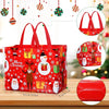 A red festive Christmas tote bag featuring holiday designs and a rolled red gift box.