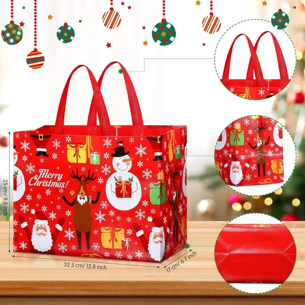 A red festive Christmas tote bag featuring holiday designs and a rolled red gift box.