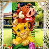 A vibrant illustration of a lion and a rhinoceros head used as a door cover backdrop for kids parties.