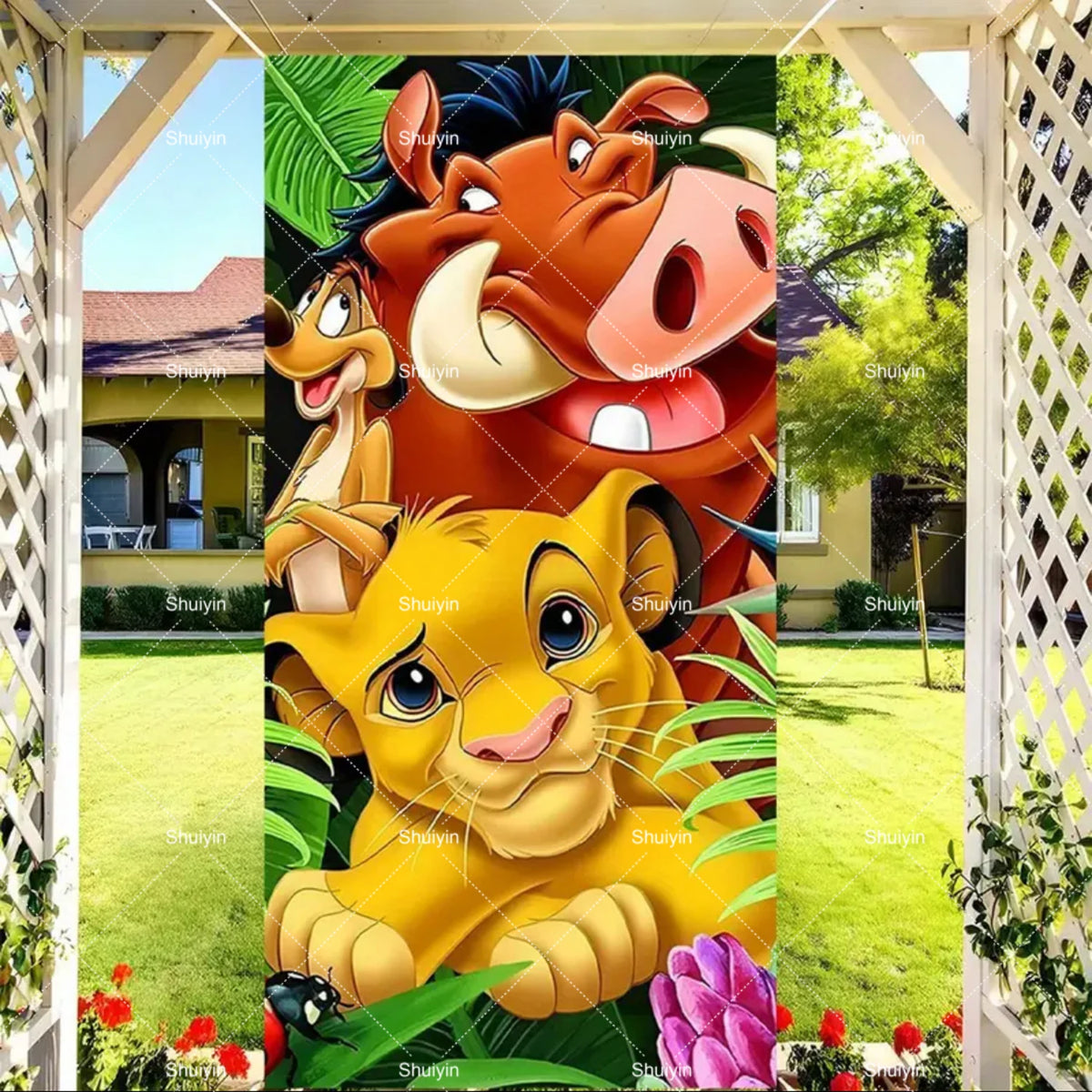 A vibrant illustration of a lion and a rhinoceros head used as a door cover backdrop for kids parties.