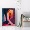 Abstract minimalist wall art featuring an orange and purple staircase design on a vertical canvas.