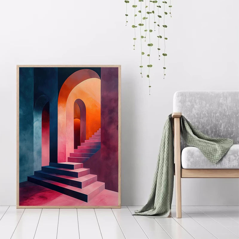 Abstract minimalist wall art featuring an orange and purple staircase design on a vertical canvas.