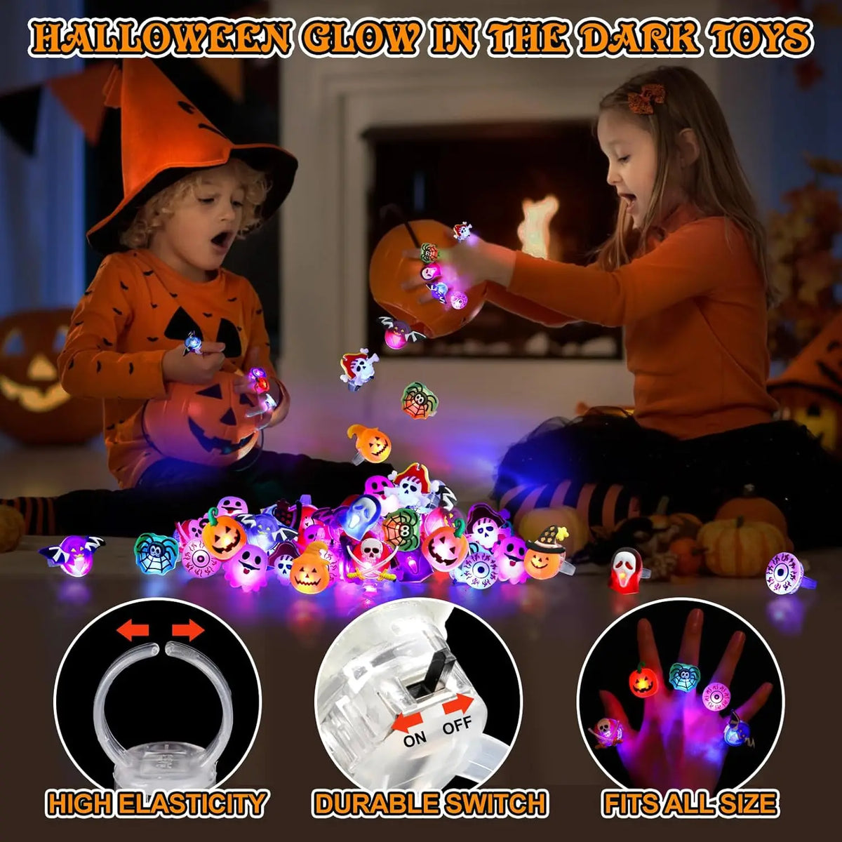 A girl is using a set of glow rings on her hand in a dark setting, demonstrating the product's fit and durability.