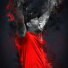 A dynamic portrait of a golfer, likely Tiger Woods, shown in a red shirt with splatters of red paint against a dark backgroun