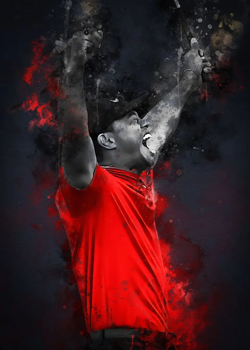 A dynamic portrait of a golfer, likely Tiger Woods, shown in a red shirt with splatters of red paint against a dark backgroun