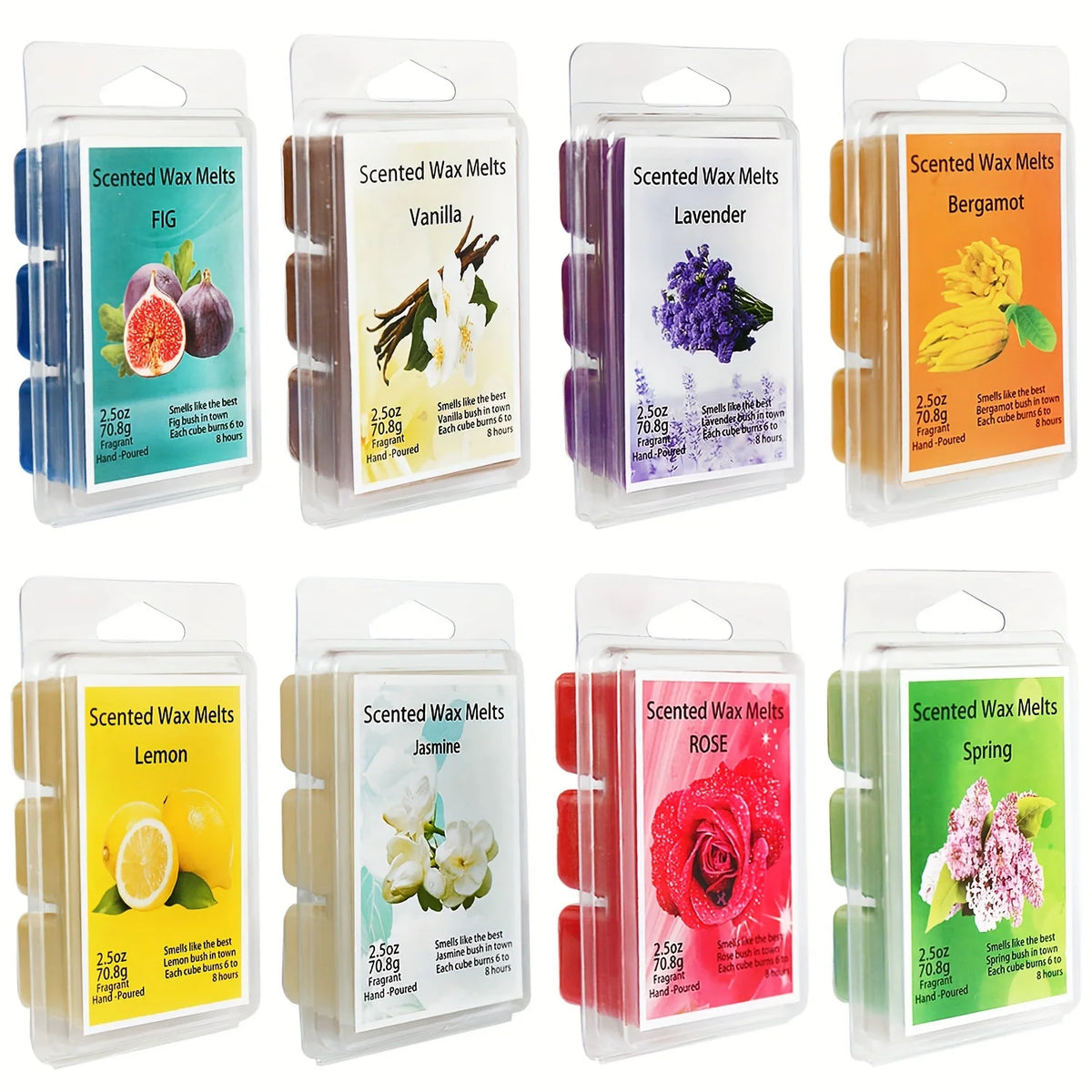 A collection of scented wax melts in various scents like Fig, Vanilla, Lavender, Bergamot, Lemon, Jasmine, and Rose.