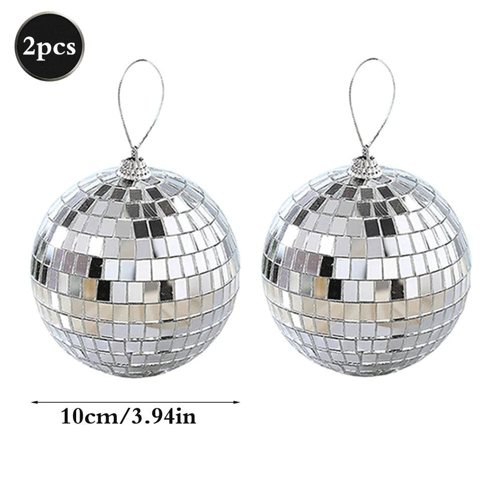 Two silver mirror balls with hanging hooks, measuring 10cm or 3.94 inches each.