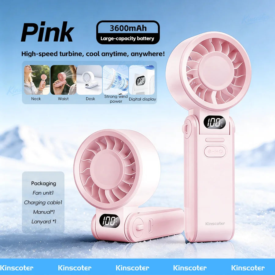 Pink portable fan with a large-capacity battery shown alongside various usage scenarios.