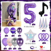 A set of purple and iridescent balloons, including a number 5 balloon column, star balloons, and purple rings.