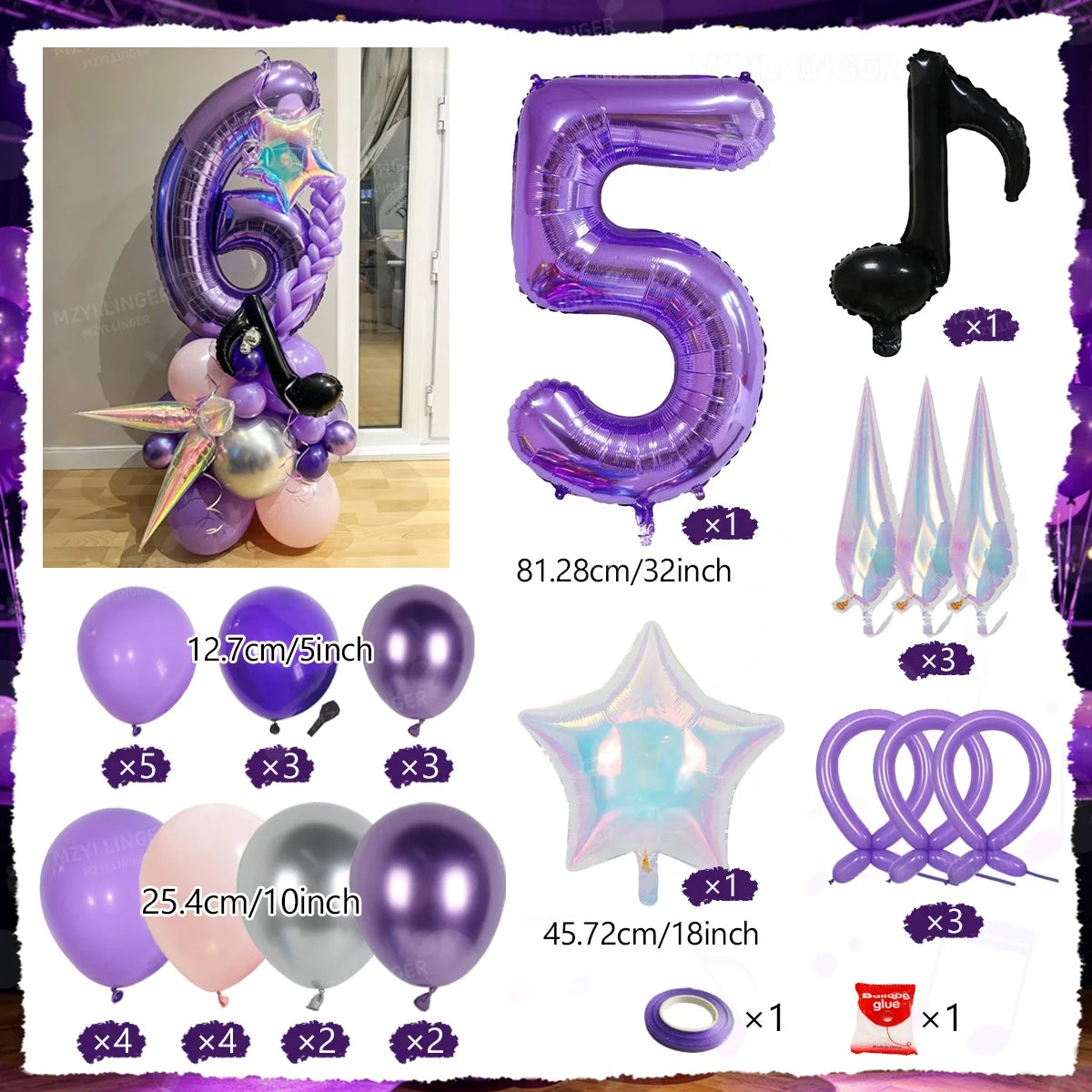 A set of purple and iridescent balloons, including a number 5 balloon column, star balloons, and purple rings.