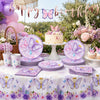 A butterfly theme disposable party set featuring pink and purple butterflies on a cake, plates, and decorations.