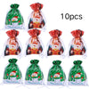 Ten reusable drawstring gift bags with a Christmas snowflake design in green and white.