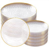 A stack of disposable dinner plates with hammered gold rims and translucent white surfaces.