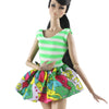 A handmade doll dress gown featuring horizontal green and white stripes with a colorful floral skirt.