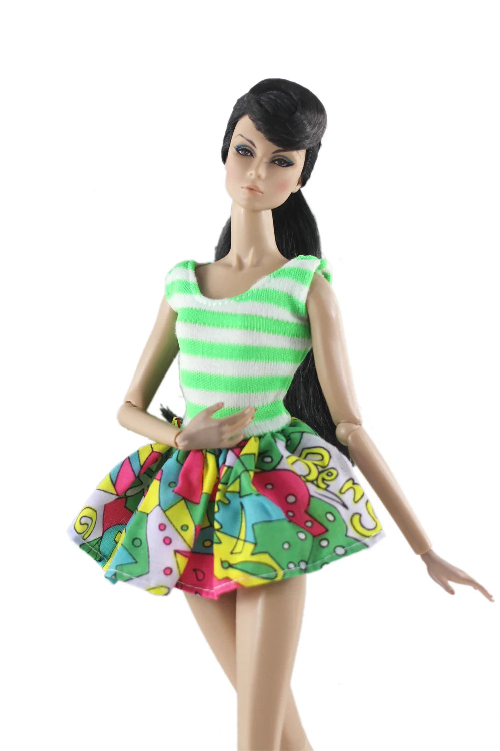 A handmade doll dress gown featuring horizontal green and white stripes with a colorful floral skirt.