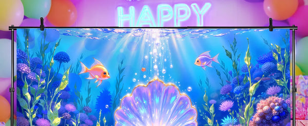 A vibrant underwater scene featuring colorful fish and plants for a baby shower photo backdrop.