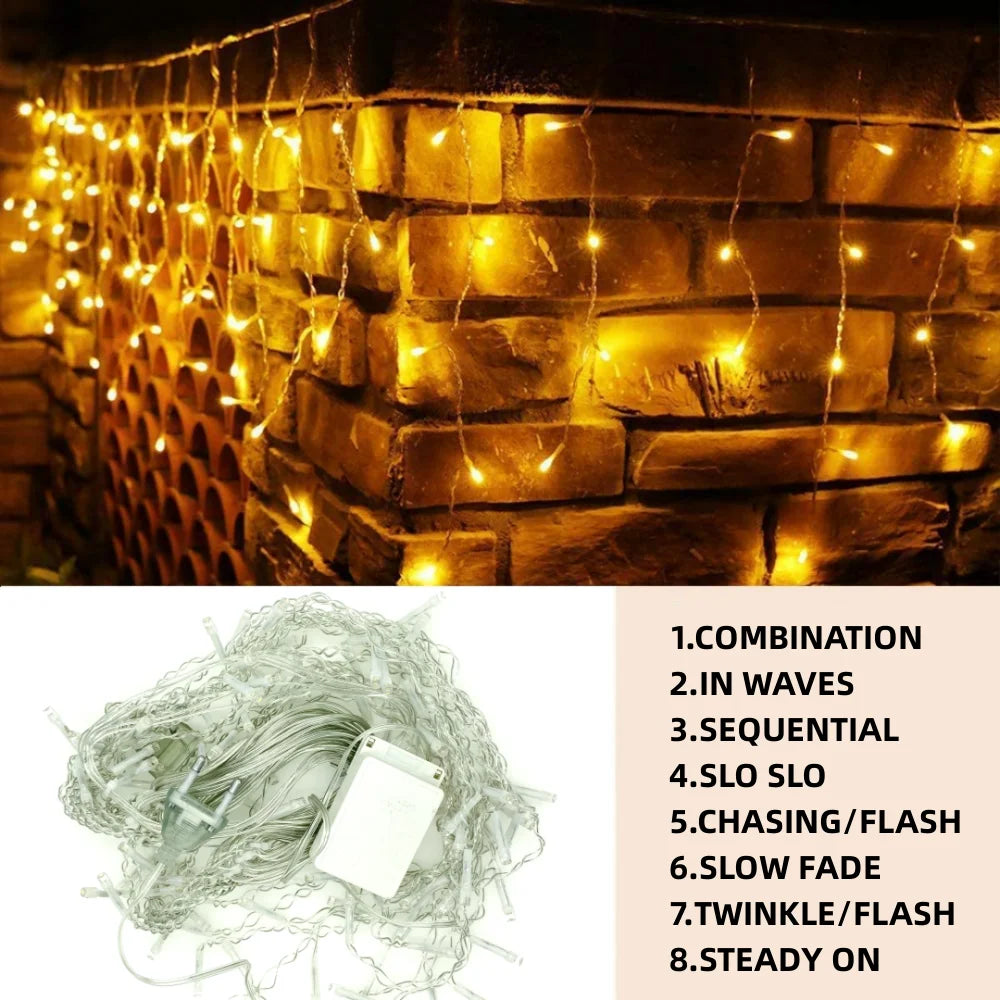 A bundle of clear string lights with various blinking and fading modes for outdoor decoration