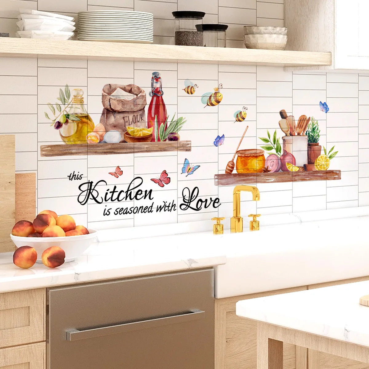 A kitchen shelf decorated with floral stickers featuring honey, herbs, and butterflies.