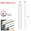 Silver 3-in-1 under cabinet light with a Type-C rechargeable battery and motion sensor.