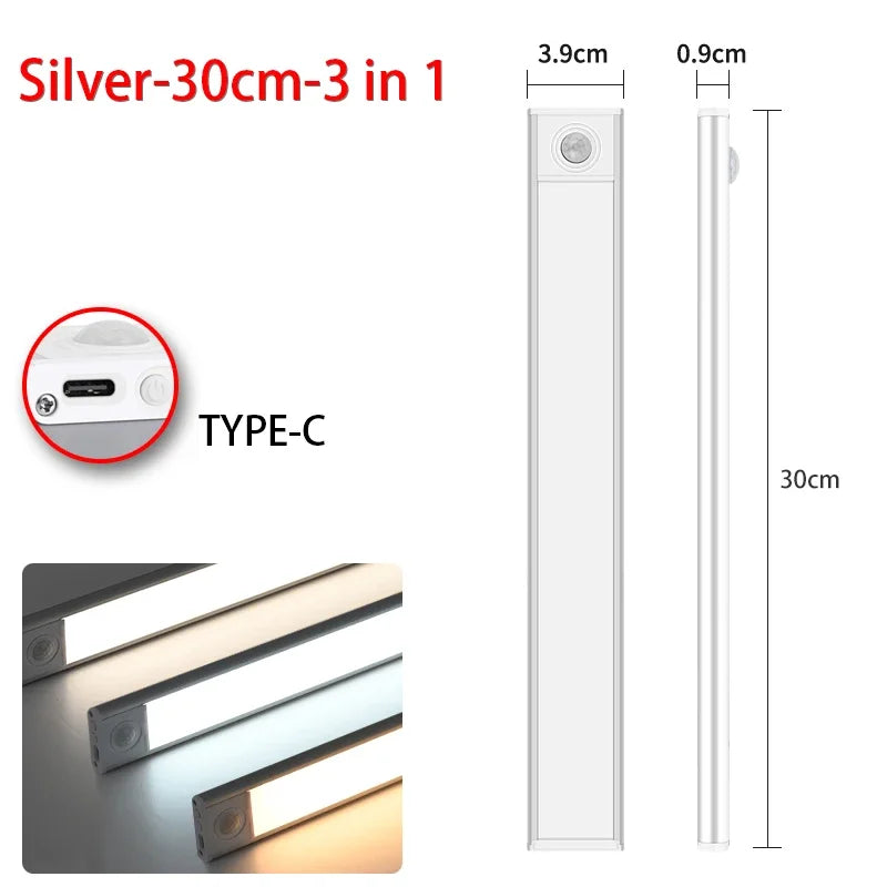 Silver 3-in-1 under cabinet light with a Type-C rechargeable battery and motion sensor.