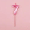 A pink number seven candle with a white stick against a light pink background.