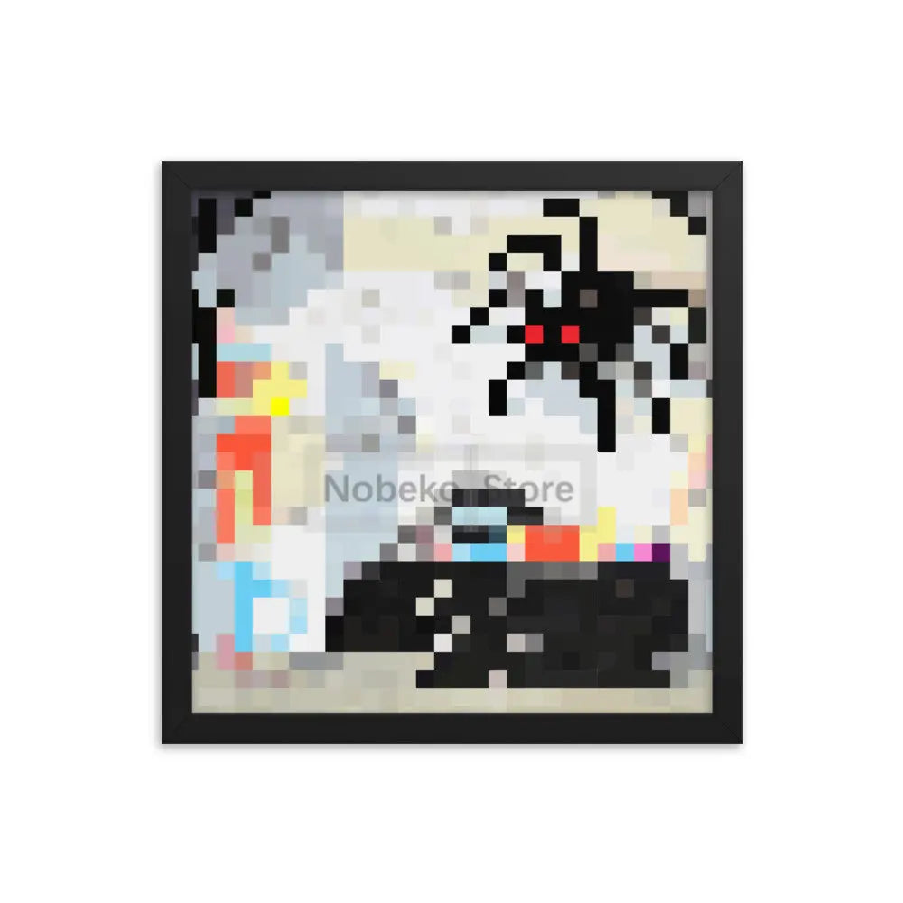 A framed piece of pixel art featuring a dark, stylized character against a light background.