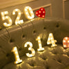 Warm white LED alphabet letter lights spelling out 520 and 1314 on a leather sofa.