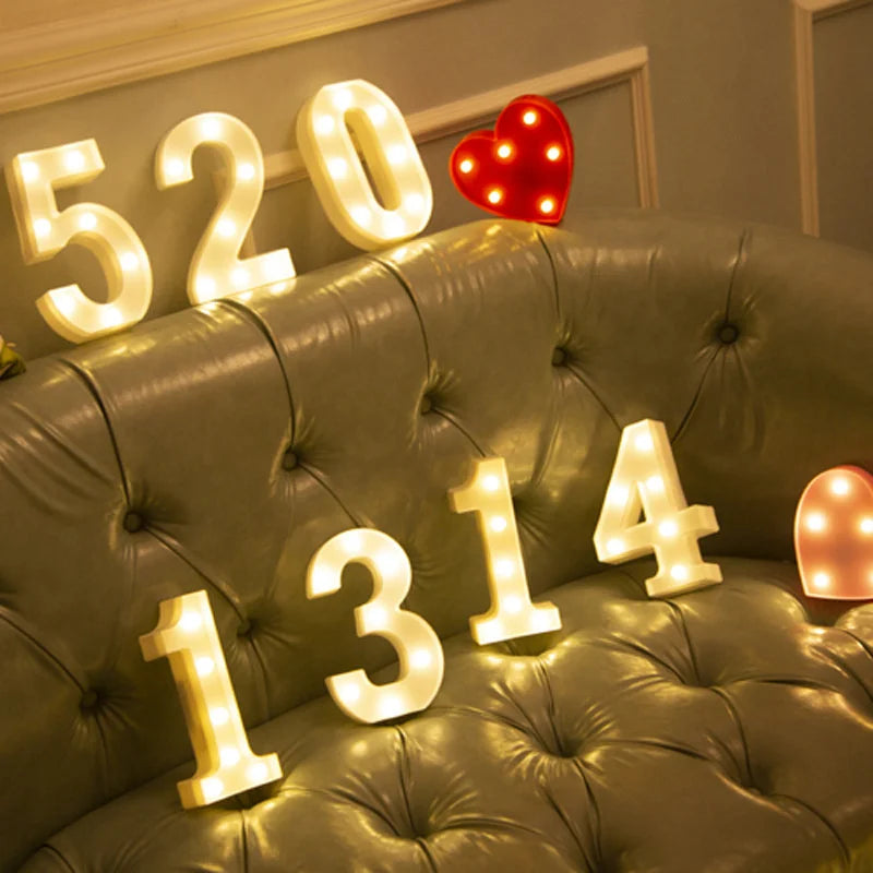 Warm white LED alphabet letter lights spelling out 520 and 1314 on a leather sofa.