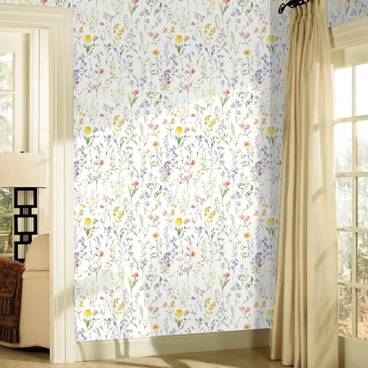 Boho floral peel and stick wallpaper featuring delicate watercolor flowers on a white background