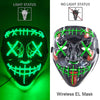 A black EL mask with neon green wire details, shown in both light and no light status.
