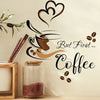 A wall sticker design featuring a coffee cup silhouette and the text But First Coffee on a light background.